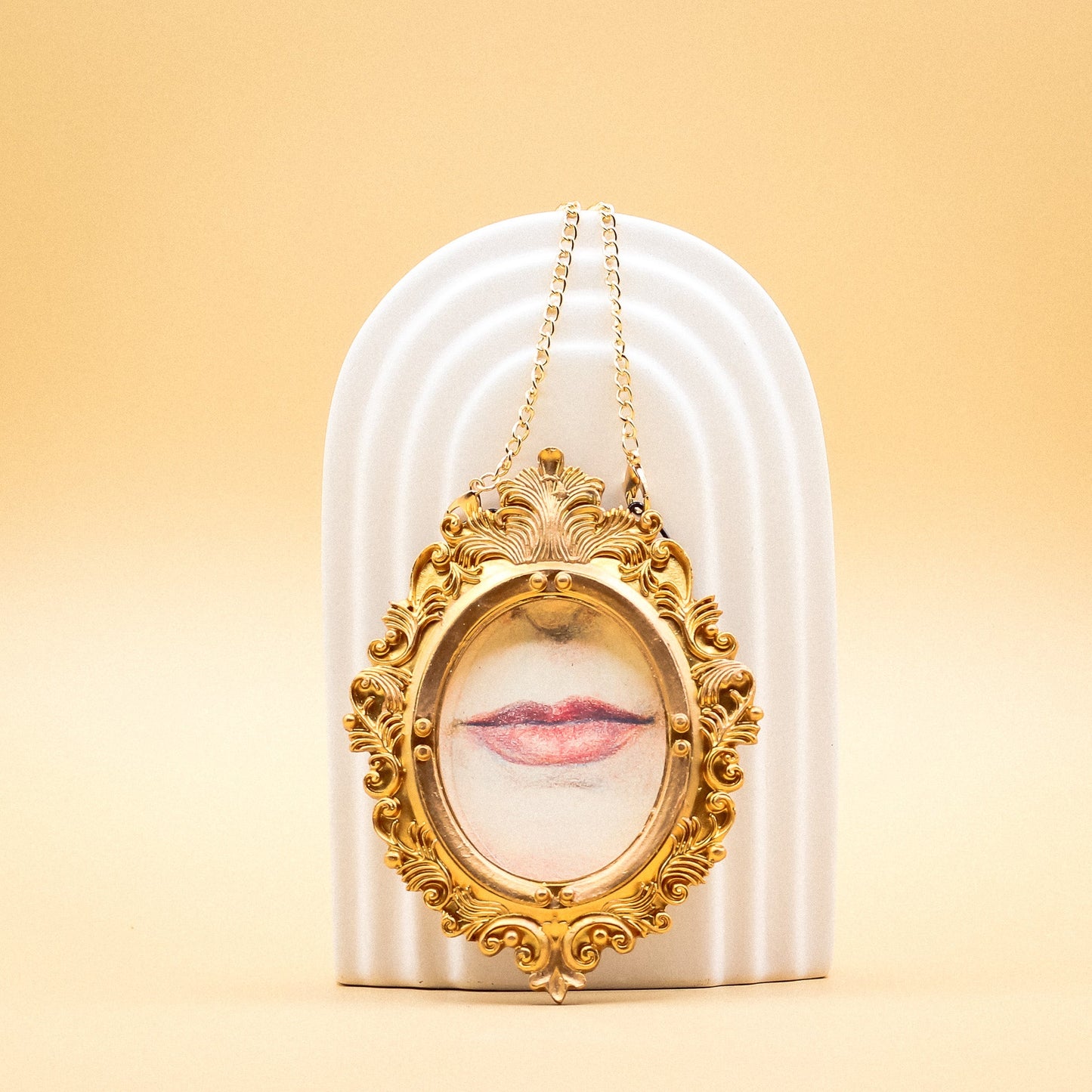 Afternoon Lover's Lip's Portrait - Coral Lips in Hanging Oval Frame - 3.25 x 4.5"