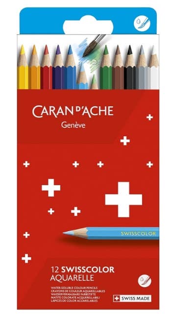 Caran d'Ache Swisscolor Aquarelle (Watercolor) Colored Pencils - Set of 12 in Box