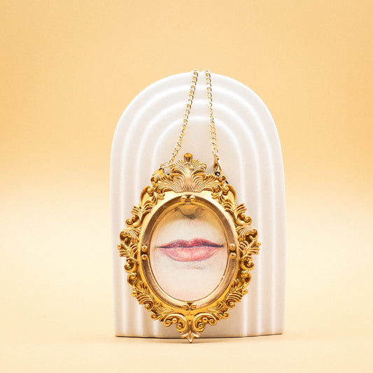 Afternoon Lover's Lip's Portrait - Coral Lips in Hanging Oval Frame - 3.25 x 4.5"